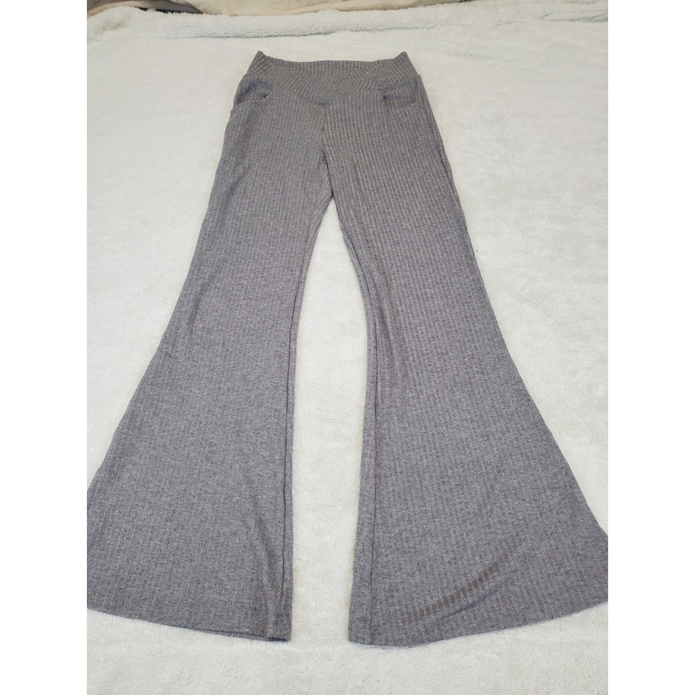 Halara Gray Ribbed Knit Crossover Flared Leggings Medium Casual Loungewear Cozy